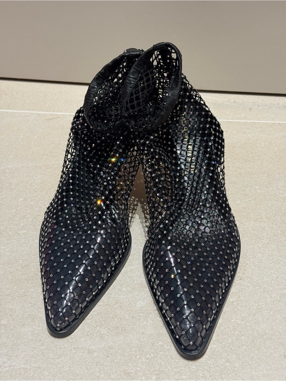 Tamara Mellon Black Rhinestone Mesh Pointed Ankle Boots